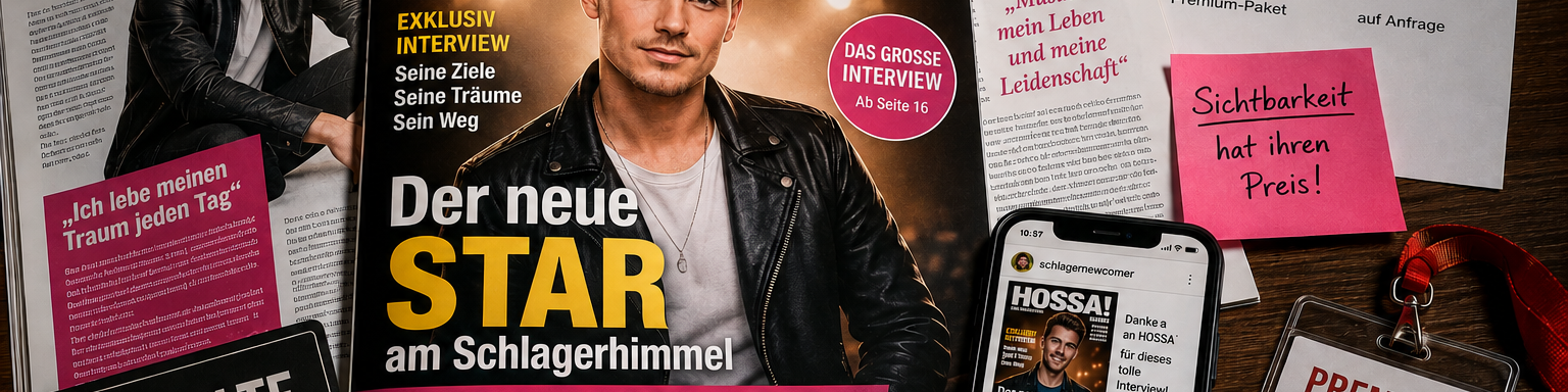 KI-Illustration eines Schlager-Magazins mit Cover, Geldstapeln und Social-Media-Post zum Thema bezahlte Sichtbarkeit